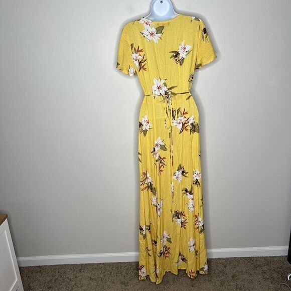 Lulus Wrap Dress Womens XS Floral Maxi Yellow Tropical Print Slit Short Sleeve - Picture 6 of 11